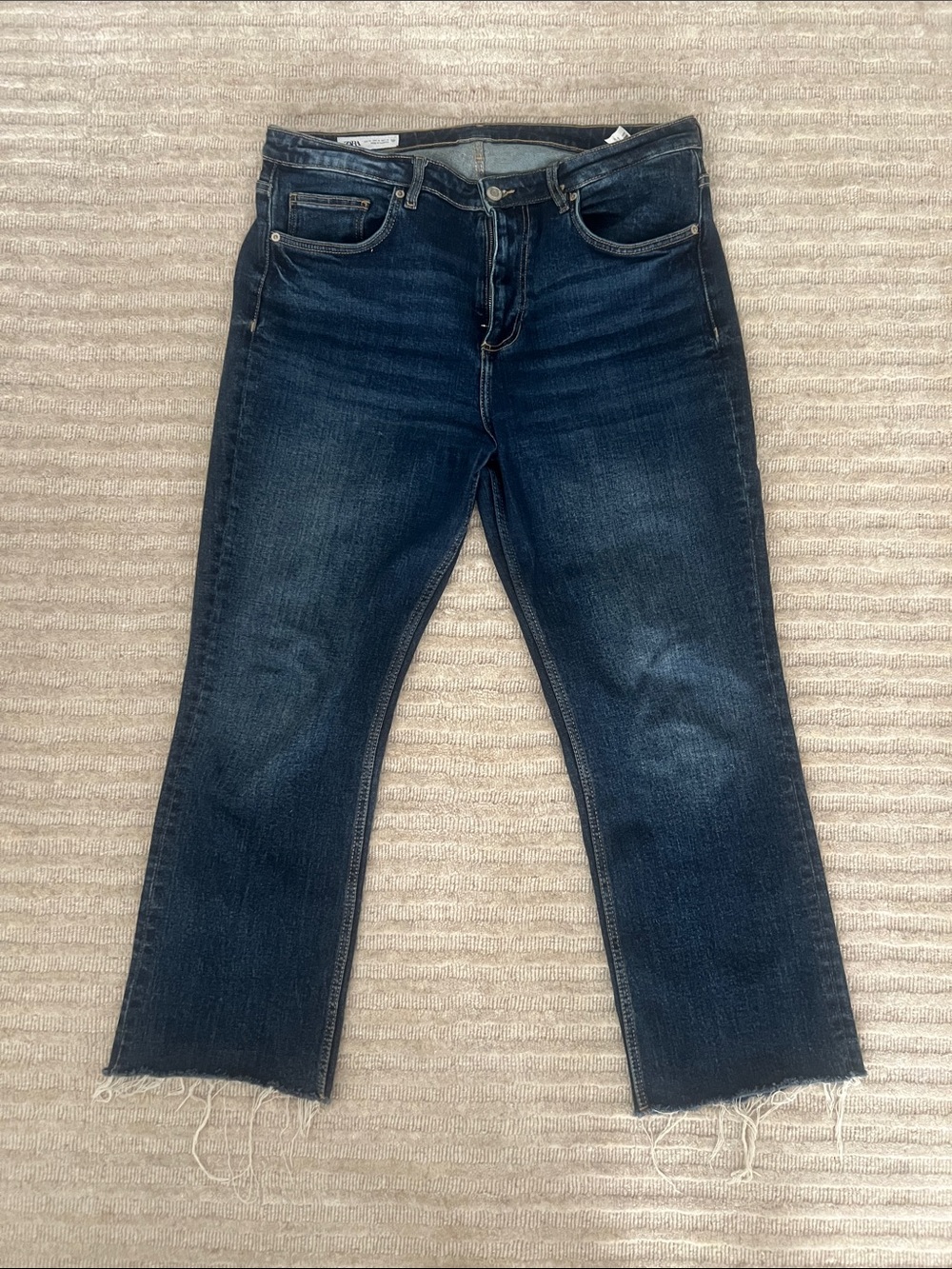 Zara High Rise Raw Hem Cropped Dark Wash Ankle Jean Size 12